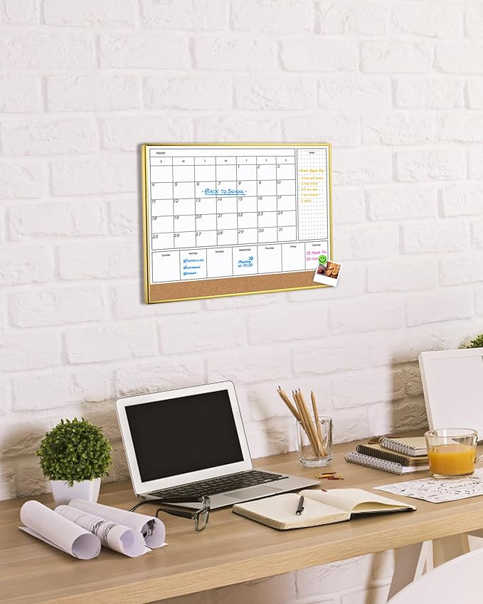 4-in-1 Dry Erase Calendar for Wall with Golden Aluminum Frame, 17x13 inches Magnetic Monthly & Weekly Planner Whiteboard, Cork Board Combo, Hanging White Board for Decor/Memo(4H1-Gold,4333)