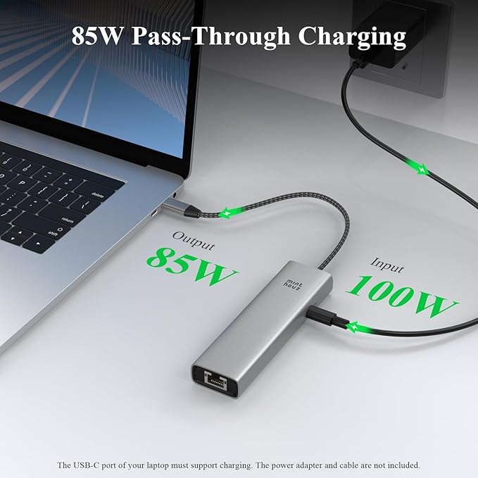 Minthouz 6-in-1 USB C Hub, 4K@60Hz HDMI, 100W PD Charging, 5Gbps USB-A Ports, 1000Mbps Ethernet, Compatible with MacBook Neo, M1/M2/M3, Surface, HP, Lenovo Laptops