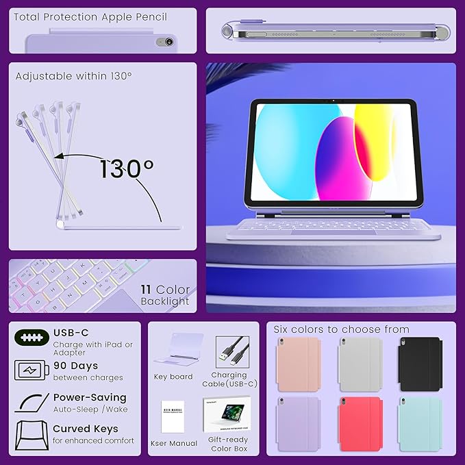 for iPad 11th(A16, 2025)/10th Generation Case with Keyboard, Magic Keyboard 2022, Springy Backlit Keys, Stain-Resistant Surface, Multi-Touch Trackpad,Purple