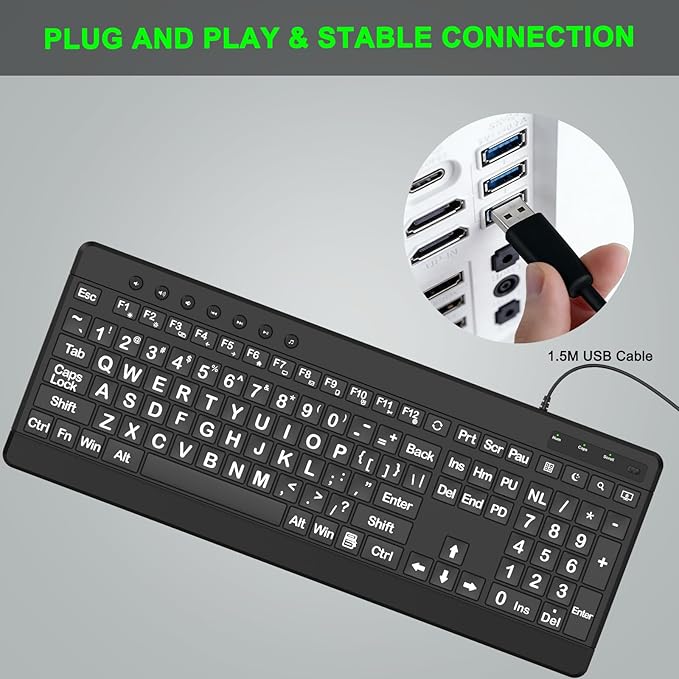 EDJO Large Print Ergonomic Keyboard, Full Size Keyboard with Wrist Rest, Silent Wired USB Computer Keyboards with Oversized Letter Keys Easy to See and Type for Laptop, PC, Windows, Desktop