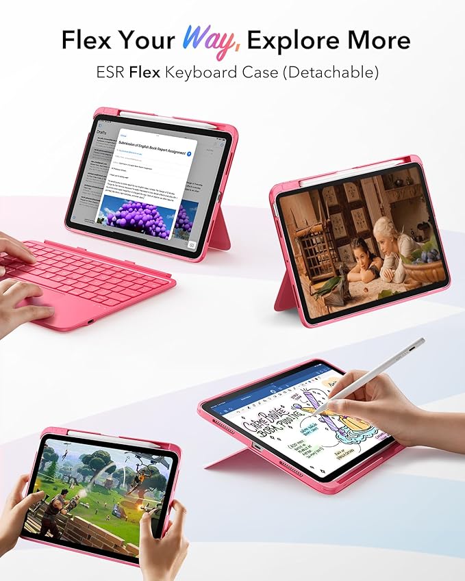 ESR iPad 11th (A16) 2025/10th Gen Flex Keyboard Case, Ultra-Light Magnetic Detachable Keyboard for iPad 10.9" with Writing/Viewing Modes, Larger Precision Trackpad, Pink
