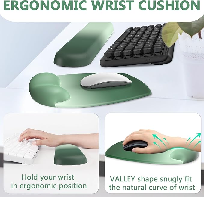 AKIT Ergonomic Mouse Pad with Wrist Rest& Keyboard Wrist Rest, Wrist Rest for Computer Keyboard, Pain Relief, Non-Slip Rubber Base, Mousepad Wrist Support for Gaming, Office, Gradient Green 2
