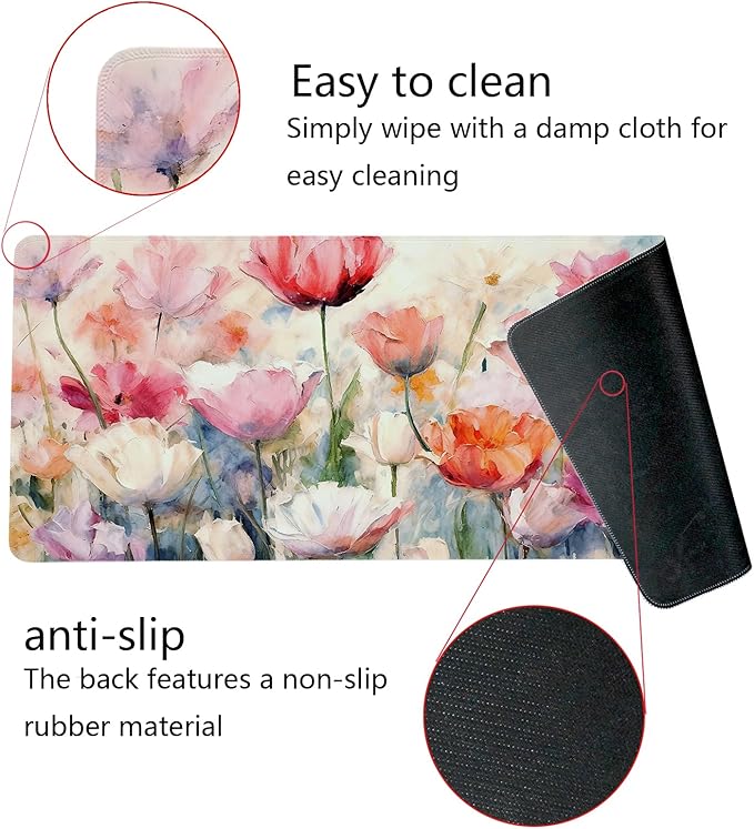 Pink Spring Tulip Floral Mouse Pad,Summer Flower Mouse Pads,Aesthetic Romantic Flower Desk Mat,Elegant Botanical Cottagecore Floral Desk Mat for Home Office Dorm Desktop Decor,31.5x11.8 Inch