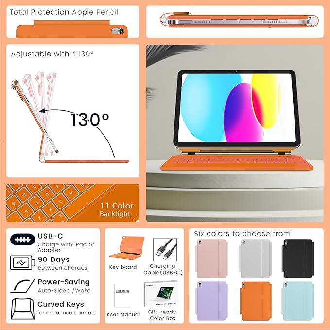 for iPad 11th(A16, 2025)/10th Generation Case with Keyboard, Magic Keyboard 2022, Springy Backlit Keys, Stain-Resistant Surface, Multi-Touch Trackpad, Orange