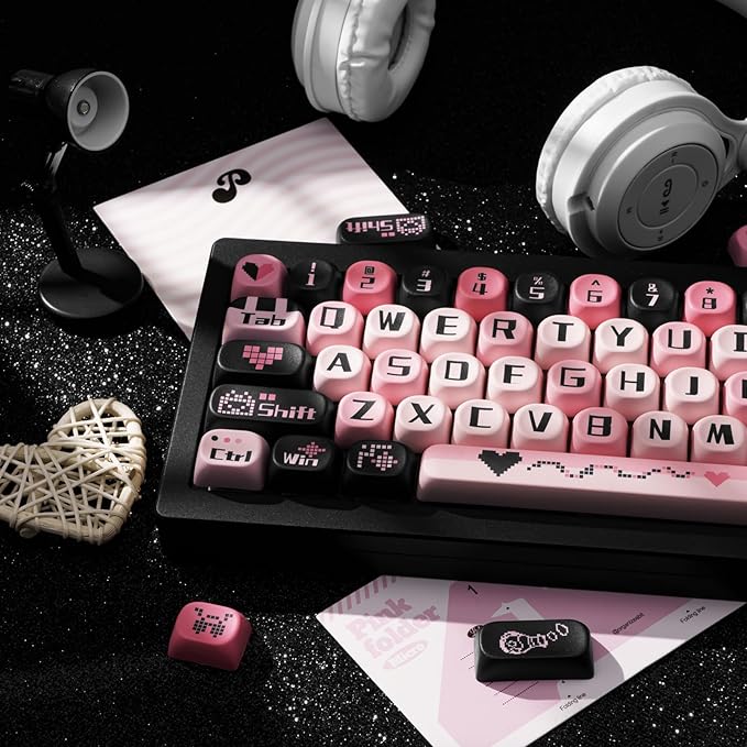 131 Keys PBT Keycaps Dye-Sublimation Black and Pink MOA Profile Custom Cute Keycaps for Cherry Gateron MX Swithes Mechanical Keyboards