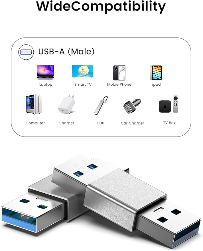 Fidioto USB 3.0 Male to Male Adapter, Dual Port High-Speed Data Extension Connector with 5Gbps Transfer, Aluminum Alloy Housing, Compatible with HDDs/USB Drives/Printers