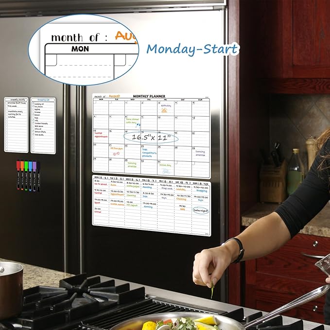 JJPRO Magnetic Dry Erase Calendar for Refrigerator-Reusable Monthly Calendar Starts Monday,Weekly Planner&to Do List for Fridge-Magnetic Monthly,Weekly Planner&List 2pcs-16.5x11"