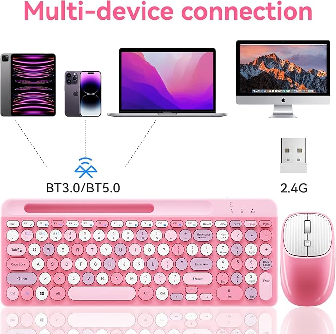 Bluetooth Keyboard and Mouse Wireless, Multi-Device Rechargeable Keyboard and Mouse Combo with Phone Holder (Bluetooth 5.0+3.0+2.4GHz) Quiet Ergonomic Compatible with Mac/Windows/iOS/Android