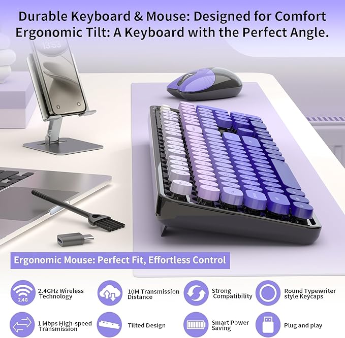 Wireless Keyboard and Mouse, 104 Round Keycaps Retro Typewriter with OTG & Brush, Full-Size Ergonomic, Ideal for Windows PC, Home, Office and College Purple Pink