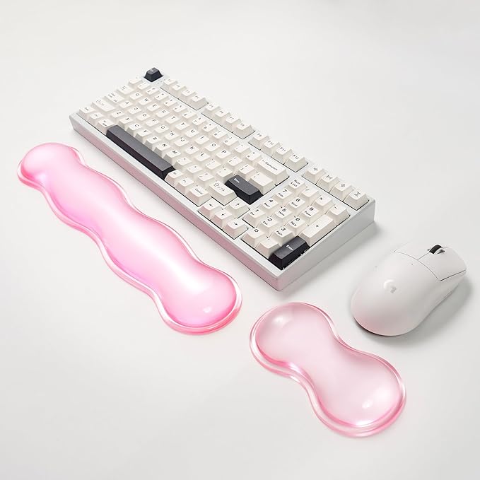 Ergonomic Silicone Gel Keyboard and Mouse Wrist Rest Set – Clear Wrist Rest for Keyboard 60%/68%/75%, Comfort & Support for Typing and Gaming (Light Pink)