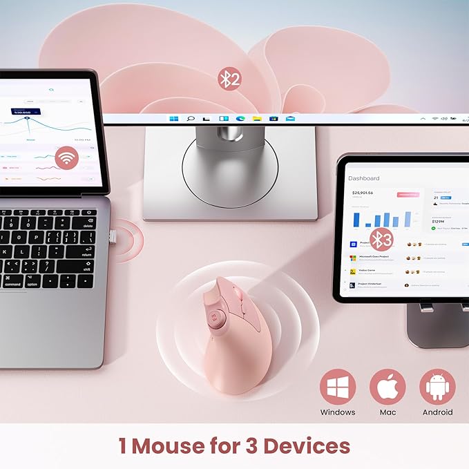 seenda Ergonomic Mouse Wireless, MOU-302 Bluetooth Vertical Mouse Rechargeable, Optical Mice with 1000/1600/2400 DPI, Volume Knob, 3 Multi-Device Connectivity for Computer/PC/Laptop/Mac, Pink