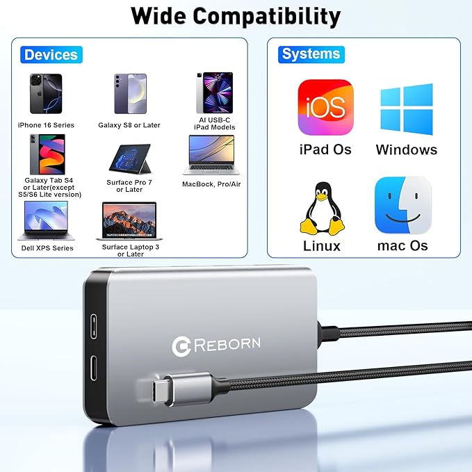 Reborn USB-C Docking Station Dual Monitor Adapter, Laptop Docking Station 3 Monitors Triple Display USBC Hub Dongle to 4K60Hz HDMI+DP,3 USB3.0,100W PD,USB C Data,8-in-1 Dock for Dell,HP,Lenovo,Surface
