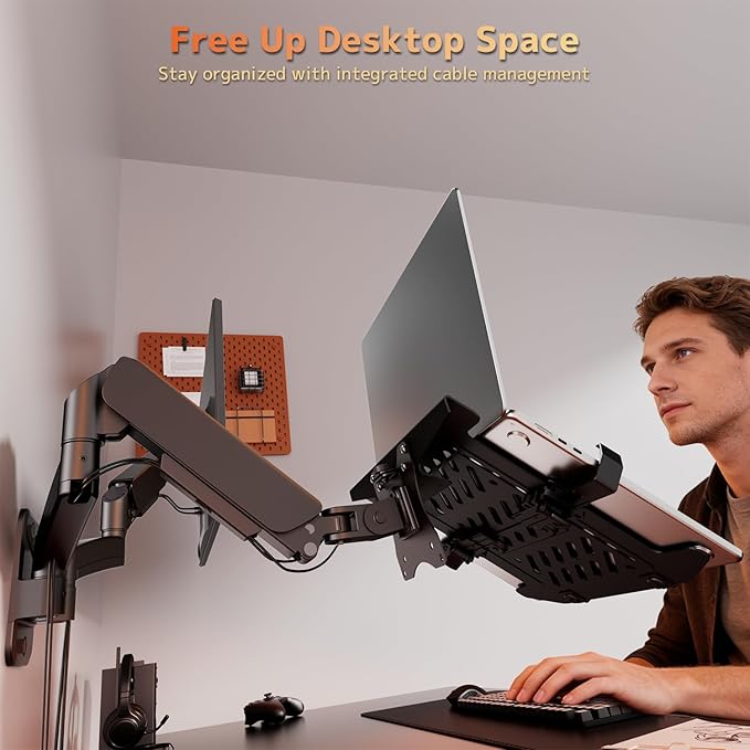 PUTORSEN Monitor and Laptop Wall-Mount - Full Motion 2-in-1 Monitor Arm Fits Max 32" Screen and 18" Laptop, Holds up to19.8lbs, Detachable Laptop Tray with Adjustable Slide Clamp, VESA 75x75/100x100