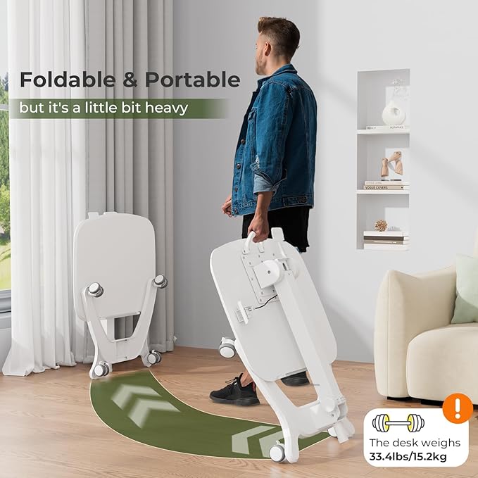 Foldable Mobile Standing Desk, 27"×21" Portable Rolling Laptop Cart with 90° Tiltable Board, Height Adjustable Workstation with Wheels, Folding Table for Home Office, White