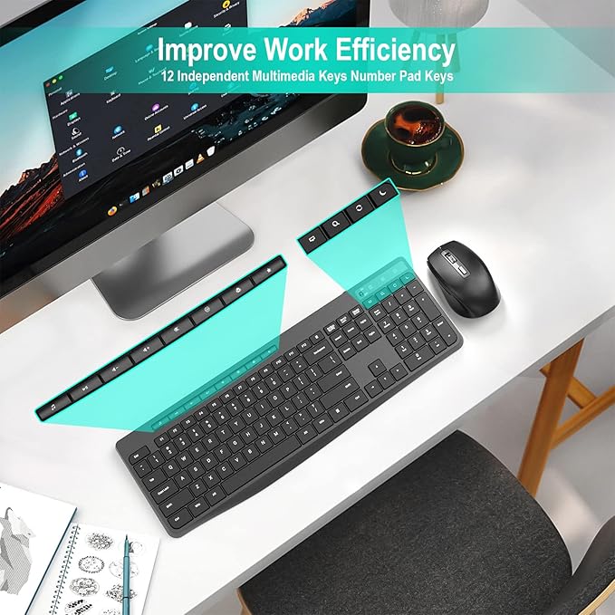 Wireless Keyboard and Mouse Combo,EarlyLit 2.4G Full-Sized Ergonomic,Cordless USB Mouse and Keyboard,12 Shortcut Keys and Quiet Click for Computer/Laptop/Windows/Mac