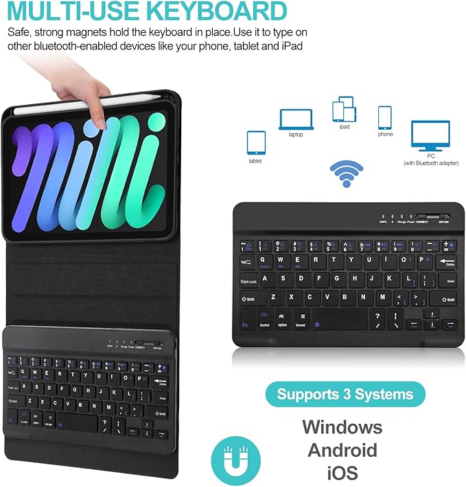 BORIYUAN iPad mini 7th (A17 Pro) Keyboard Case 2024, Detachable Wireless Bluetooth Keyboard Slim Folio Smart Cover with Pencil Holder for iPad mini 7th 2024/6th Generation 2021 8.3 inch - Green
