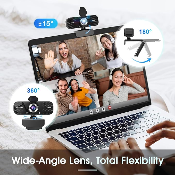 1080P Full HD Webcam with Noise-Canceling Mic, Auto Light Correction, Privacy Cover, Wide-Angle Lens, Plug & Play USB Camera for Laptops, Desktops, PCs, Macs, Zoom, Skype, Teams and Streaming