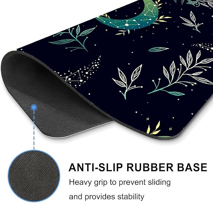 Black Moon Stars Mouse Pad Cute, Mystical Herb Square Computer Mousepads Washable Dark Boho Crescent Magic Nature Leaf Desk Mouse Pads Non-Slip Rubber Base for Gaming Office Laptop Wireless Mouse