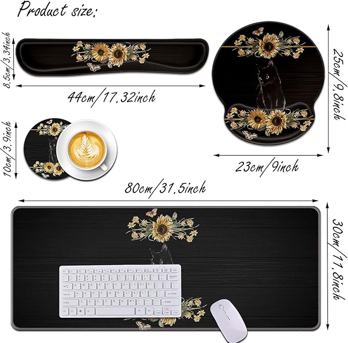 Bxgolkgd Keyboard Wrist Rest and Mouse Pad Wrist Support Set,Ergonomic Memory Foam Wrist Pad & Non Slip Base for Home Office Working Studying Easy Typing,Pain Relief,Cute Flower Cat