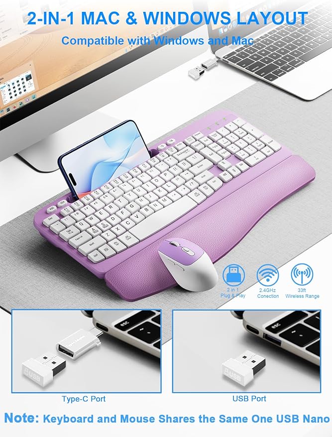 Wireless Keyboard and Mouse Combo, Wave Keys Computer Ergonomic Keyboard with Cushioned Plam Rest, Phone Holder, 2.4GHz Silent 6 Button Wireless Mouse Set for Laptop, PC, Windows, Mac (Purple)