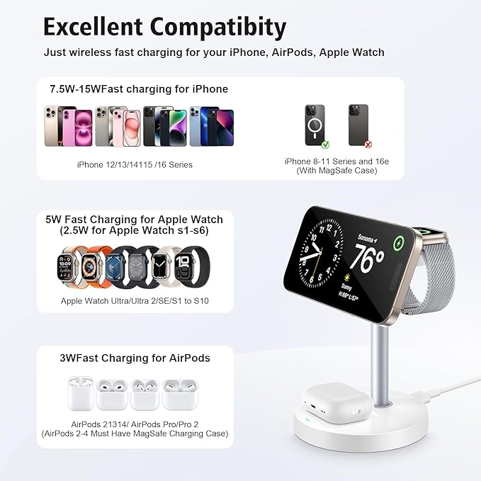 3 in 1 Magnetic Wireless Charging Station, 15W Fast Charger Stand for iPhone, Phone Charger Stand for Desk Nightstand, Compatible with iPhone 17/16/15/14, Apple Watch & AirPods, Adapter Not Included