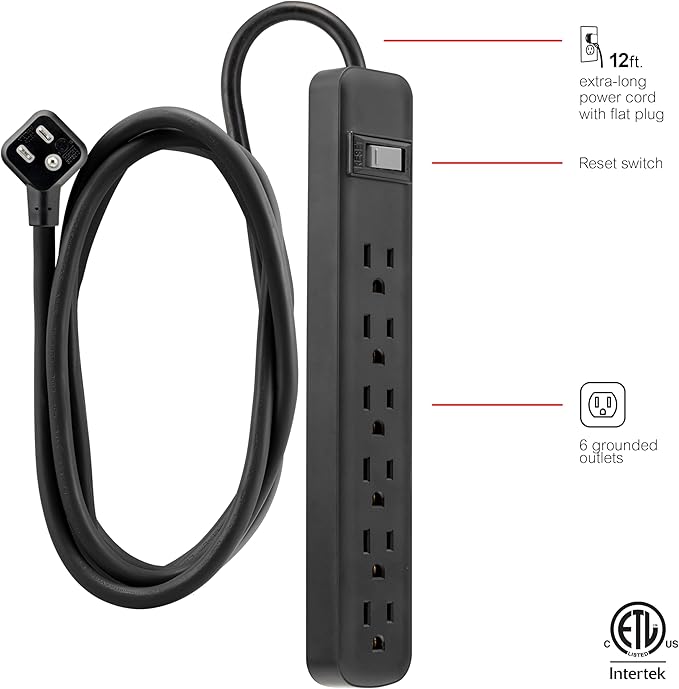 GE 6 Outlet Power Strip,12 Ft Long Extension Cord,3 Prong Outlets,UL Listed,Black,45192,(Pack of 4)