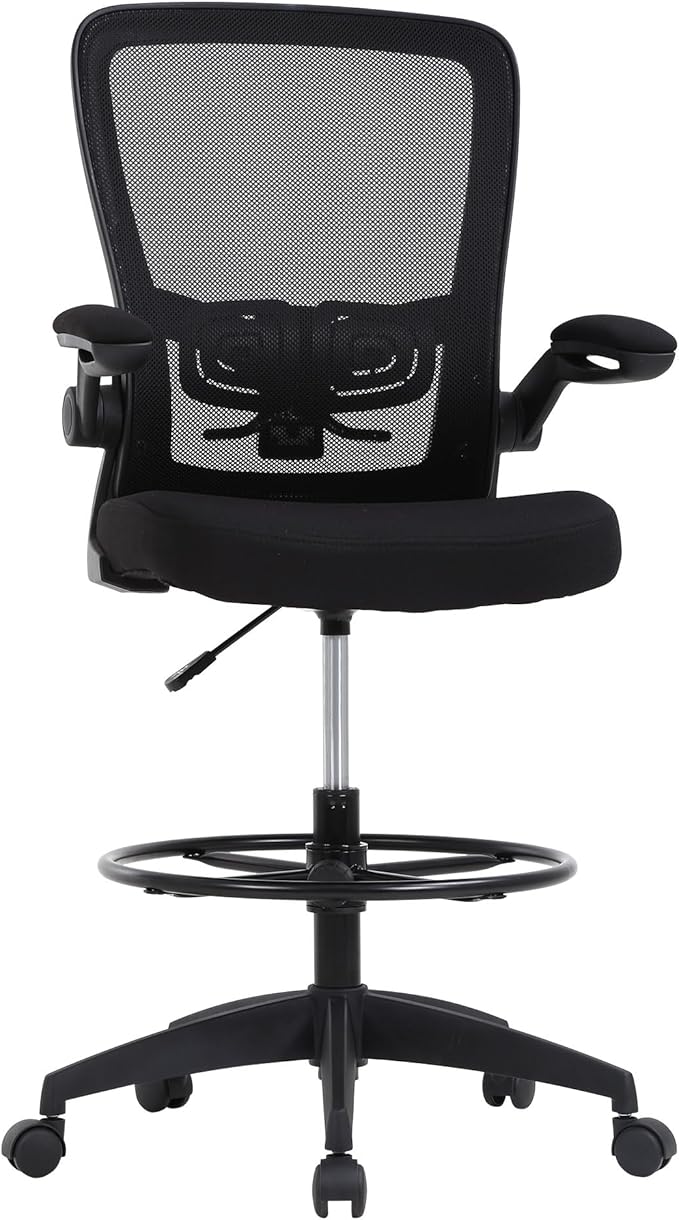 BestOffice Drafting Chair Tall Office Chair Adjustable Height with Lumbar Support Flip Up Arms Footrest Mid Back Task Mesh Desk Chair Computer Chair Drafting Stool for Standing Desk (B-Black)