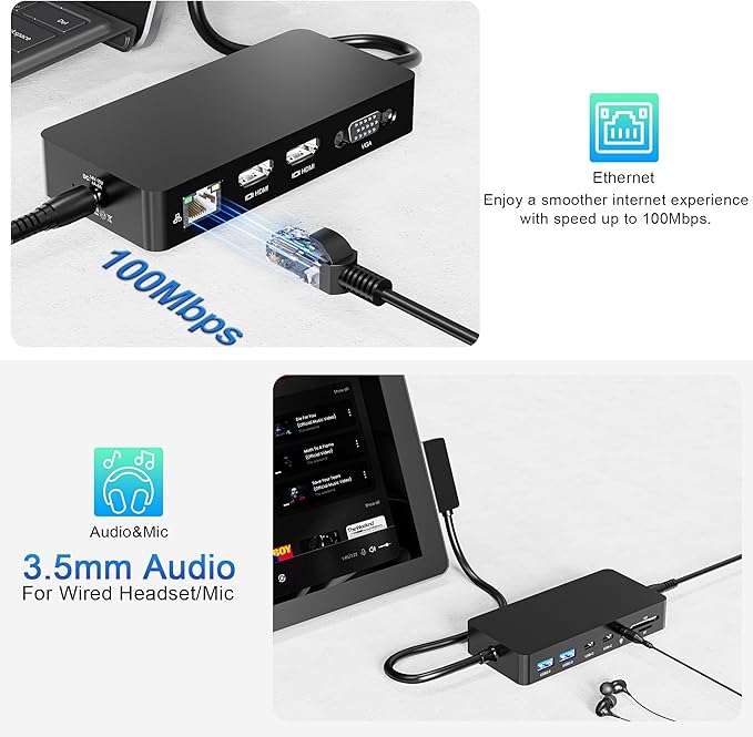 Surface Dock, 12-in-1 Triple Displays VGA +Dual HDMI Surface Pro Dock, Surface Docking Station for Surface Pro 11/10/9/8/X/7/6/5/4/3, Surface Book, Surface Go, Surface Laptop Dock