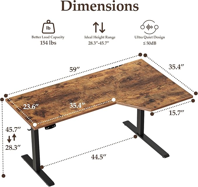 Klicelor 59 Inch L Shaped Standing Desk, Adjustable Height Corner Desk for Home Office Workstation, Sit Stand Desk with Two-Piece Desktop, Rustic Brown