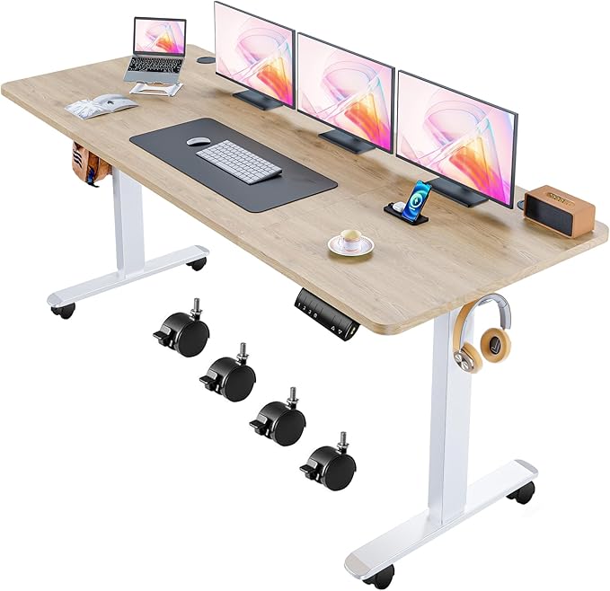 Electric Adjustable Standing Desk, 70'' x 27'' Lifting Table with Dual Crossbeam Structure and Oversized Mouse Pad, 27''-45'' Lifting Range Stand up Desk(Oak)