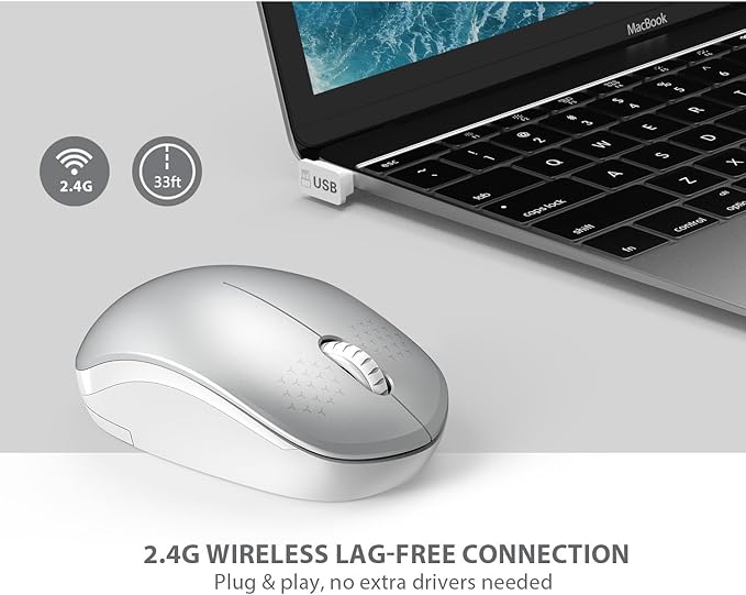seenda Wireless Mouse for Laptop, 2.4G Noiseless Mouse with USB Receiver - Optical Tracking Portable Computer Mice for Chromebook, PC, Tablet, Windows System, 24 Months Battery Life (White & Silver)