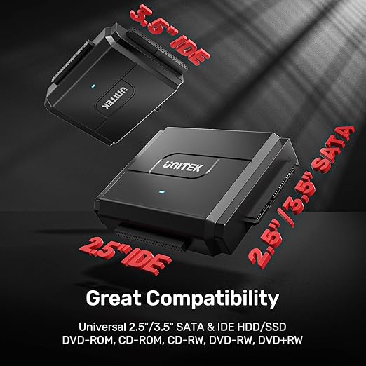 Unitek SATA/IDE to USB 3.0 Adapter, IDE Hard Drive Adapter for Universal 2.5"/3.5" Inch IDE and SATA External HDD/SSD with 12V 2A Power Adapter, Support 10TB