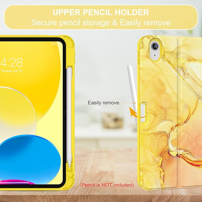 Soke for iPad (A16) 11th/10th Generation Case with Keyboard(2025/2022)-7 Color Backlight Wireless Detachable Folio Keyboard Cover with Built-in Pencil Holder for iPad 11/10.9 inch, Yellow Marble