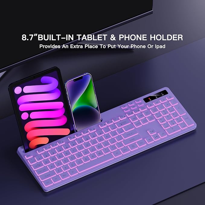 Wireless Keyboard with 7-Color RGB Backlit, Full-Size Computer Keyboard with Phone Tablet Holder, 2.4G Rechargeable Gaming Keyboard with Light Up Keys, Compatible with Mac, Windows (Purple)