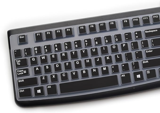 2 Pack Keyboard Cover for Logitech K120 & MK120 Ergonomic Desktop USB Keyboard, Logitech K120 & MK120 US Layout Waterproof Anti-Dust Keyboard Skin-Black+Clear