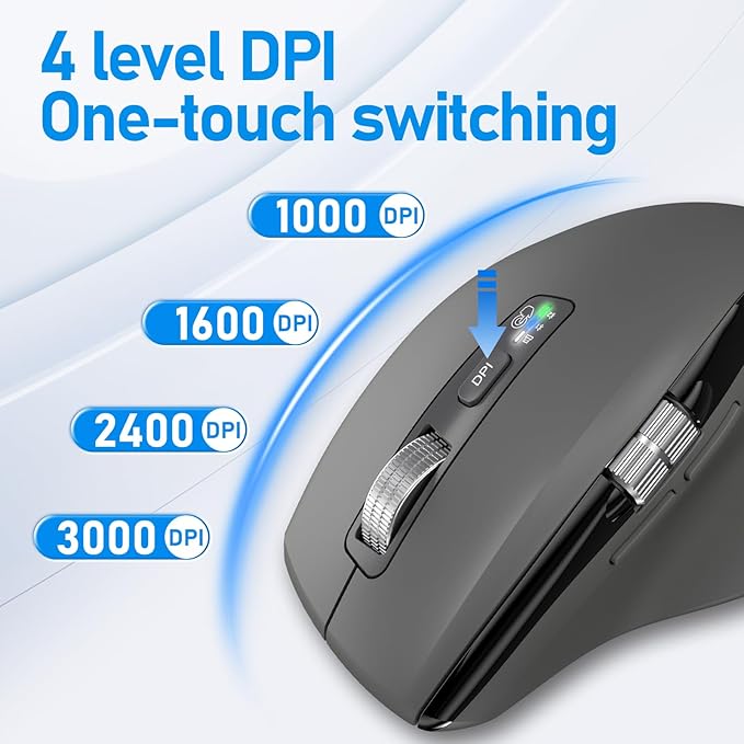 Wireless Side Scroll Mouse with Multi-Device, Ergonomic Computer Mice with Smart Flying Scroll, Quiet Click, 4-Level DPI for Computer, Laptop, iPad, Tablet, MacBook (Grey)