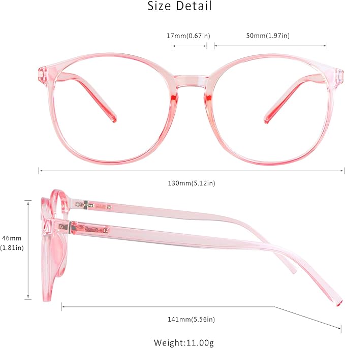 LifeArt Round Blue Light Blocking Glasses, Computer Glasses, Gaming Glasses, TV Glasses for Women Men (Clear Pink, 4.50 Magnification)
