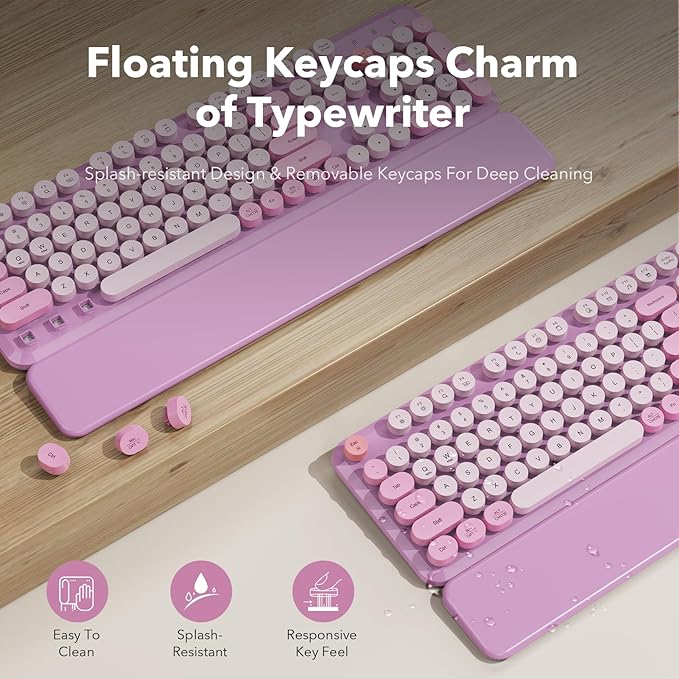 Wireless Keyboard and Mouse Combo with Detachable Magnetic Wrist Rest, Retro Typewriter-Style Keyboard, Round Keycap, Adjustable Legs, 3-Level DPI Mouse, 2.4GHz for Windows PC/Laptop (Lavender Purple)
