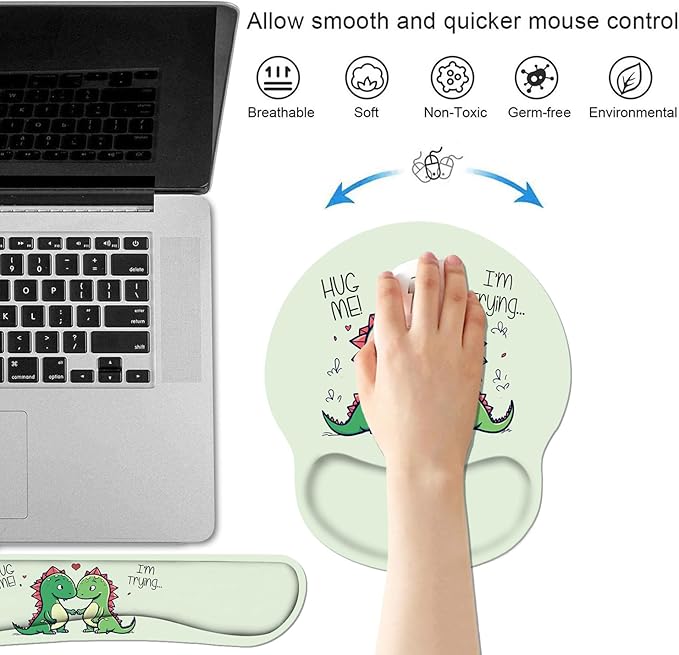 Keyboard and Mouse Wrist Rest Pad Set with Coasters, Ergonomic Support, Non-Slip PU Base, Easy Typing and Relieve Wrist Pain, Perfect for Home Office Working Studying, Cute Little Dinosaur