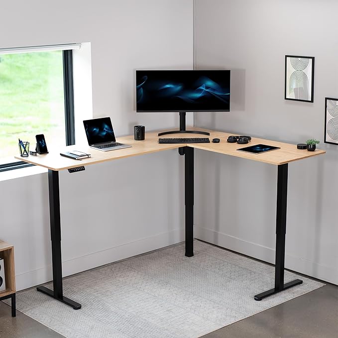 VIVO Corner Standing Desk, 75 x 63 inch Reversible L-Shaped Workstation, Electric Height Adjustment, Home, Office, and Reception Rooms, Real Bamboo Table Top Black Frame, DESK-E3CTBO-75