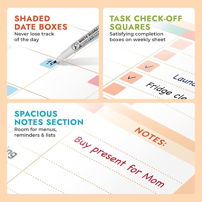 Magnetic Whiteboard Calendar for Fridge – 2-Pack Monthly & Weekly Planners (14”x12”) – Dry Erase Boards with Notes Section, Shaded Dates – Includes 4 Markers & Magnetic Eraser