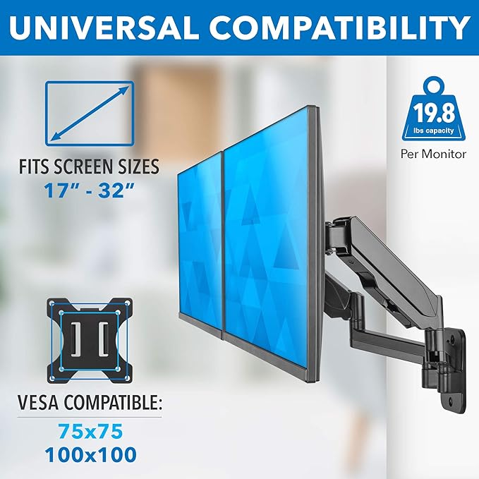 Mount-It! Dual Monitor Wall Mount Bracket - Double Computer Monitor Wall Mount With Two Height Adjustable Full Motion Arms Tilt up to 17" - 32" Inch Screens with 75, 100 VESA Patterns, 19.8 Lb Per Arm