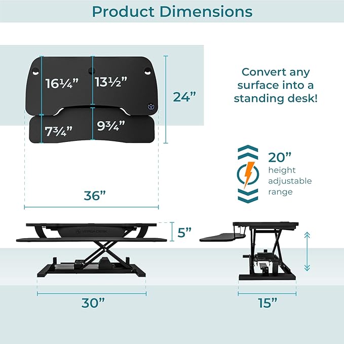 Power Pro Electric Height-Adjustable Desk Riser by VersaTables | USA Manufactured | Standing Desk Converter | Sit to Stand Desktop with Keyboard + Mouse Tray | 36"x 24" | Black