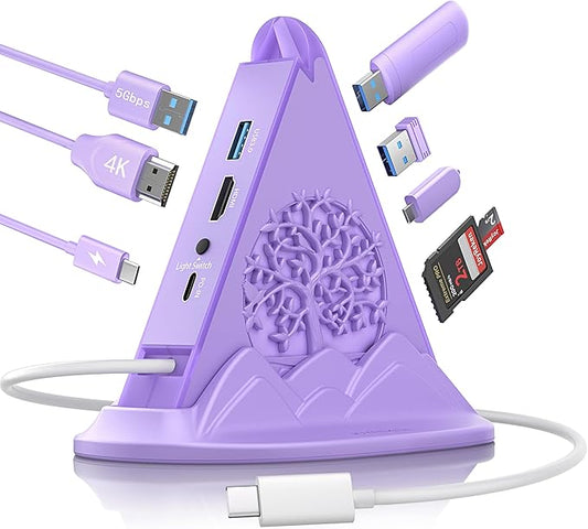 USB C Hub, Purple 8-in-1 Type C Multiport Adapter with 4K@30Hz HDMI, 100W PD, 5Gbps 1xUSB-C, 3xUSB-A 3.0, SD/TF Slots ＆ RGB Lighting, Purple USB Hub for MacBook Air/Pro, iPad, iMac, Surface