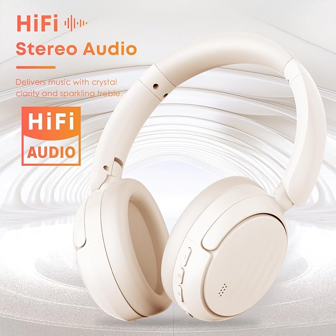 Bluetooth Headphones with Active Noise Cancelling (ANC), Wireless Over Ear Bluetooth Headsets with 35H Playtime, HiFi Stereo Foldable Headphones with Foam Ear Cups for Sports, Travel, Oil White