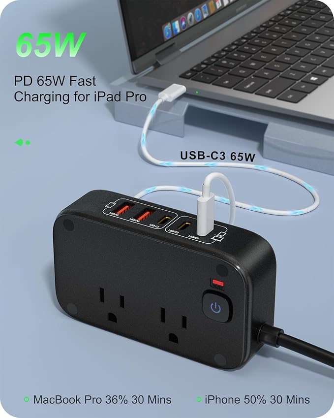 7-in-1 Power Strip, PD GaN 65W USB C Power Strip with 3 USB-C, 2 USB-A Ports and 2500W AC Outlet, Flat Plug Essentials for Home/Office/College/Travel (Pearl Black, 65W)