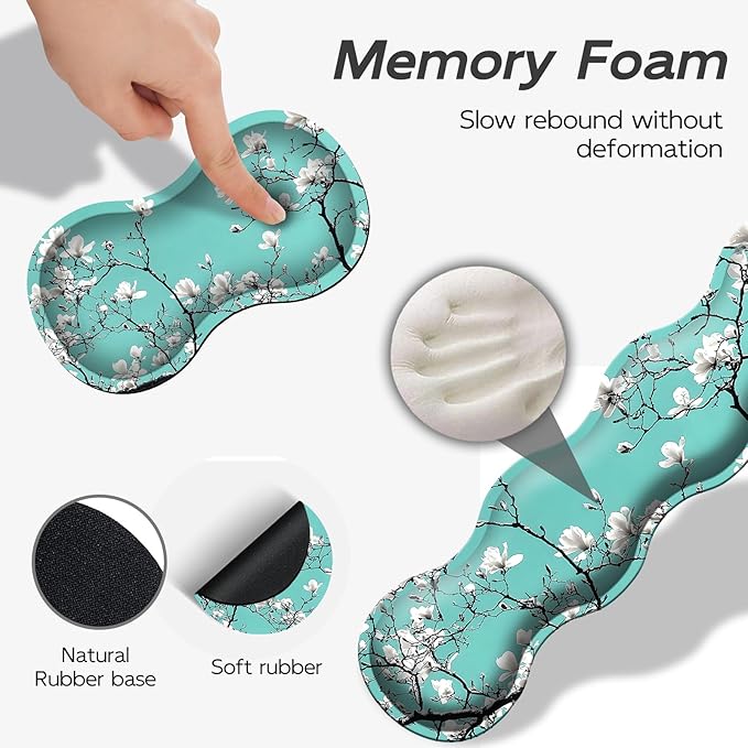 Gaming Mouse Pad Set Turquoise White Cherry Large Desk Mat Mousepad, Keyboard Wrist Support, Mouse Wrist Rest, Coaster 4in1 Ergonomic Memory Foam, Non-Slip Stitched Edge for Home Office