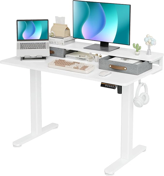 Seang Electric Standing Desk with 2 Drawers, Adjustable Standing Desk with Storage Shelf, Height Adjustable Stand up Desk for Home Office with 3 Presets & 2 Hooks, 48 Inch, White