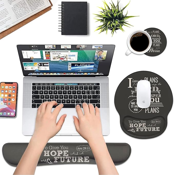 Keyboard Wrist Rest and Mouse Pad Wrist Support Set with Coasters, Non-Slip PU Base, Easy Typing and Relieve Wrist Pain, Perfect for Home Office Working Studying, Quotes Bible Verse Jeremiah 29:11