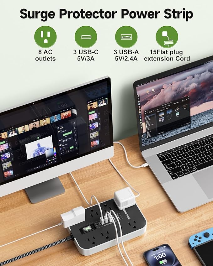 15FT Extension Cord- Power Strip Surge Protector with 8 AC Outlet & 6 USB Charging Block（3 USBC, Ultra Thin Flat Extension Cord 15 feet,1080 J Surge Protection for Home,Office, Desk Essentials.